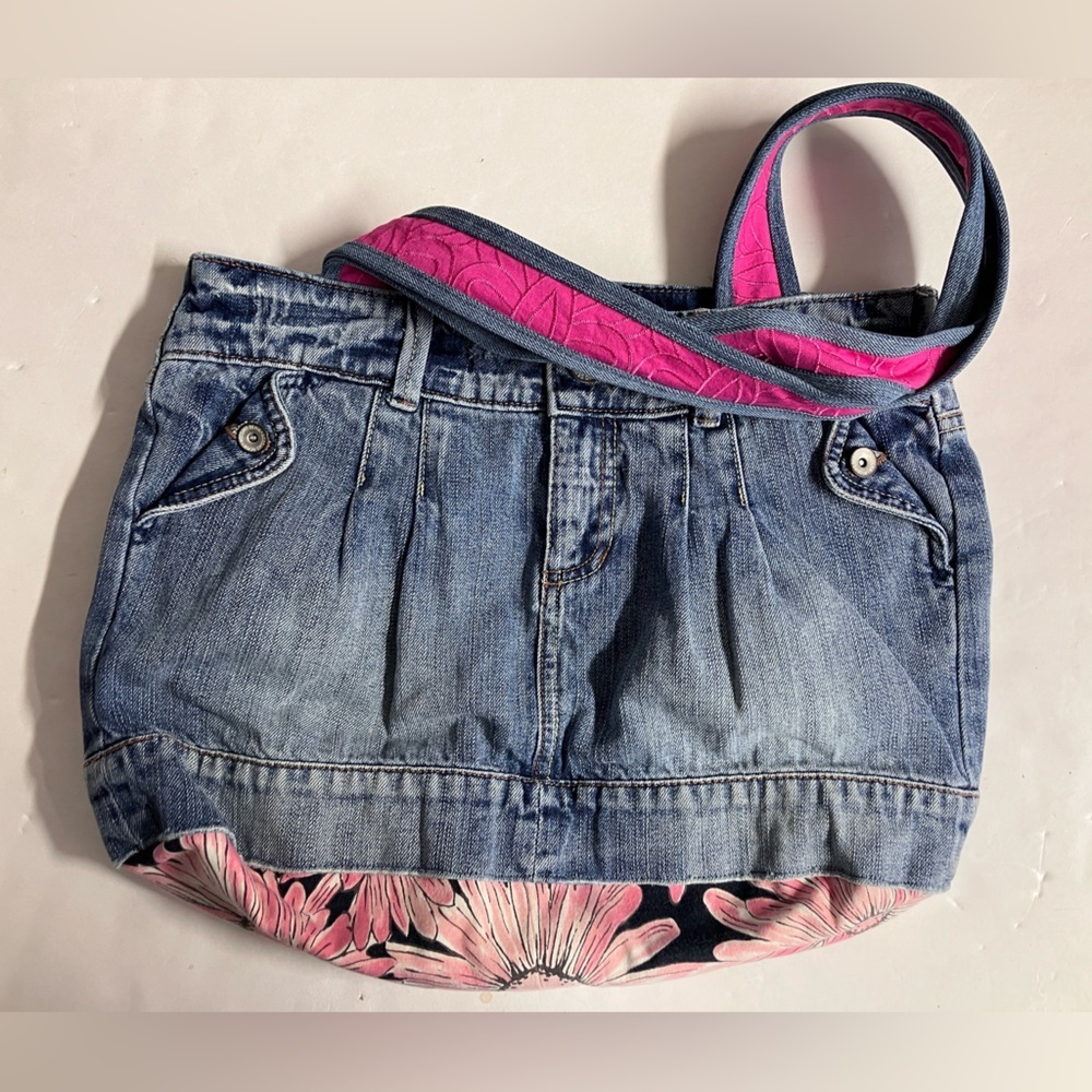 Handmade/Upcycled Distressed Denim Shoulder Bag, Faded Blue/Pink, Floral